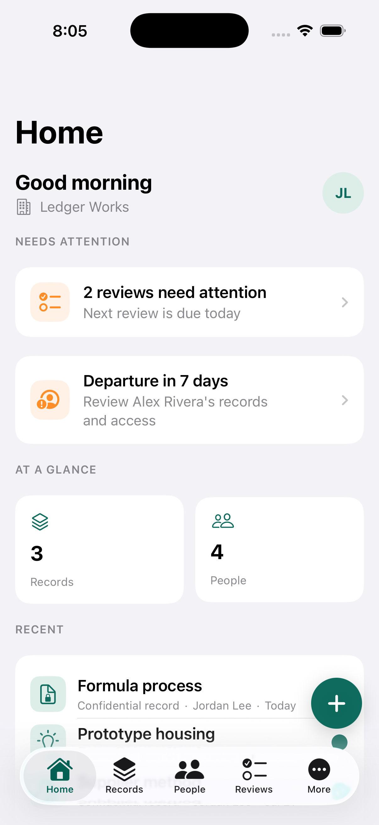 Ledger prototype home screen showing reviews, records, and people