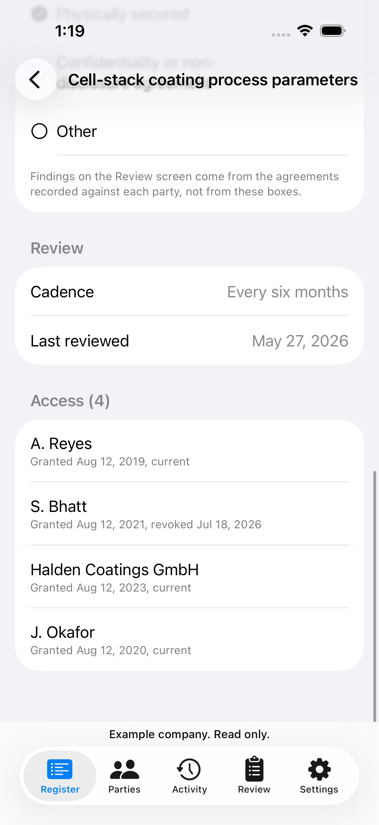 Trade Secret Ledger example entry showing its review cadence and the parties who can access it